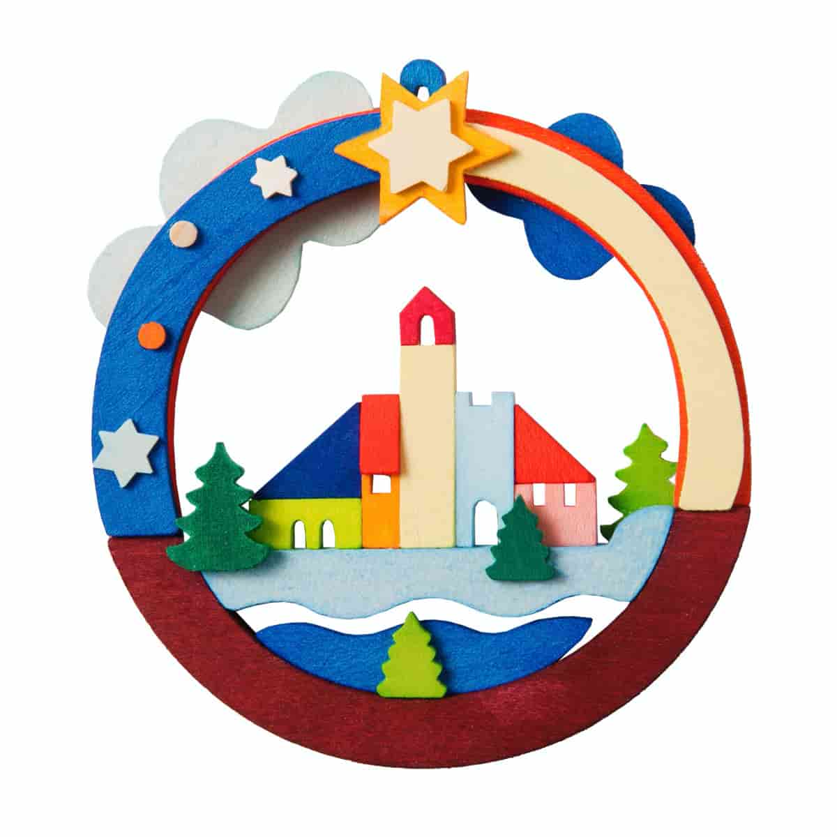 Erzgebirgische Dioramen mit Weihnachtsdorf als Baumschmuck