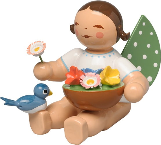 Engel mit Blumenkorb und Vogel, sitzend - braunes Haar