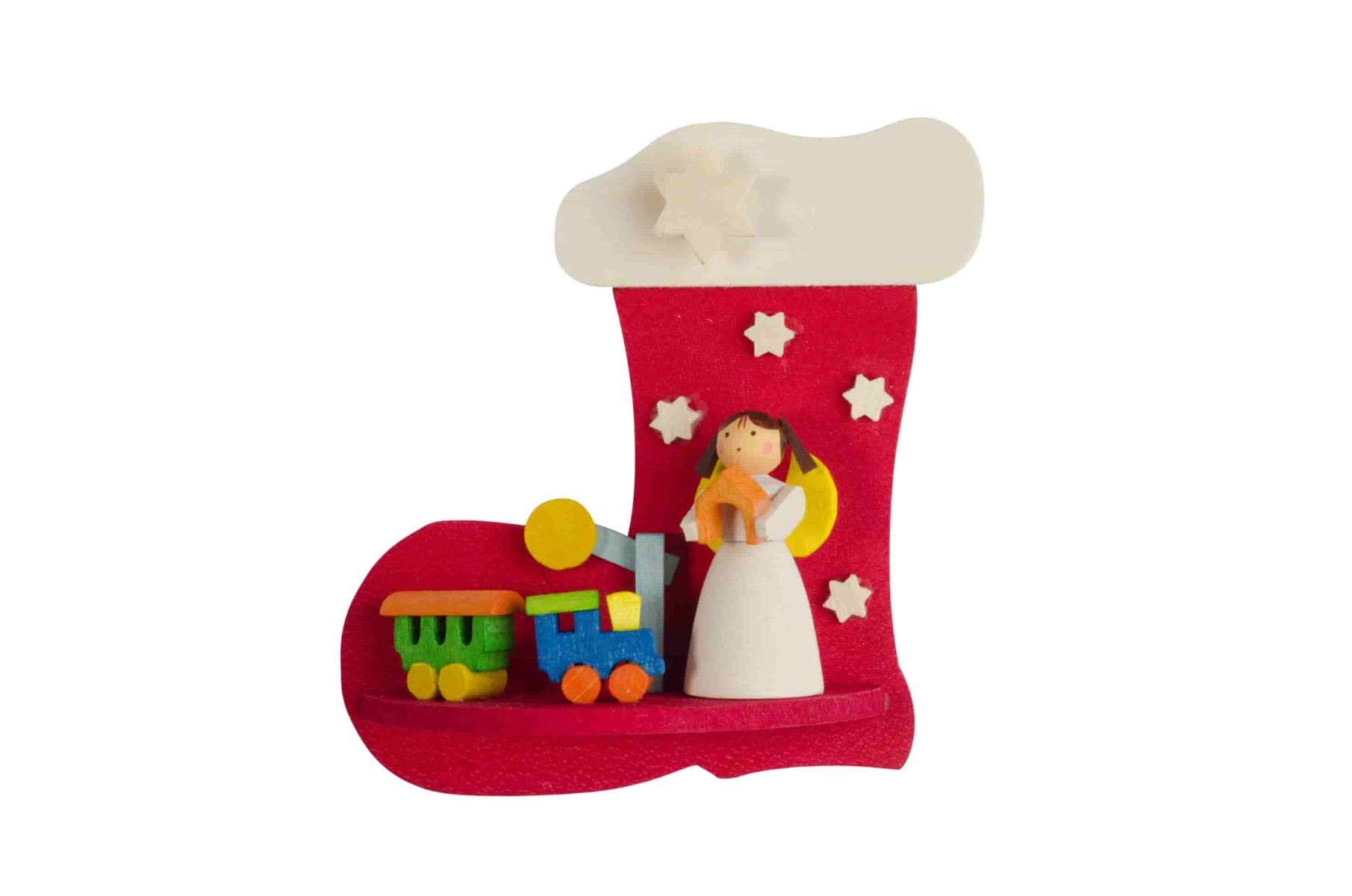 Stiefel-Engel mit Eisenbahn als Baumschmuck