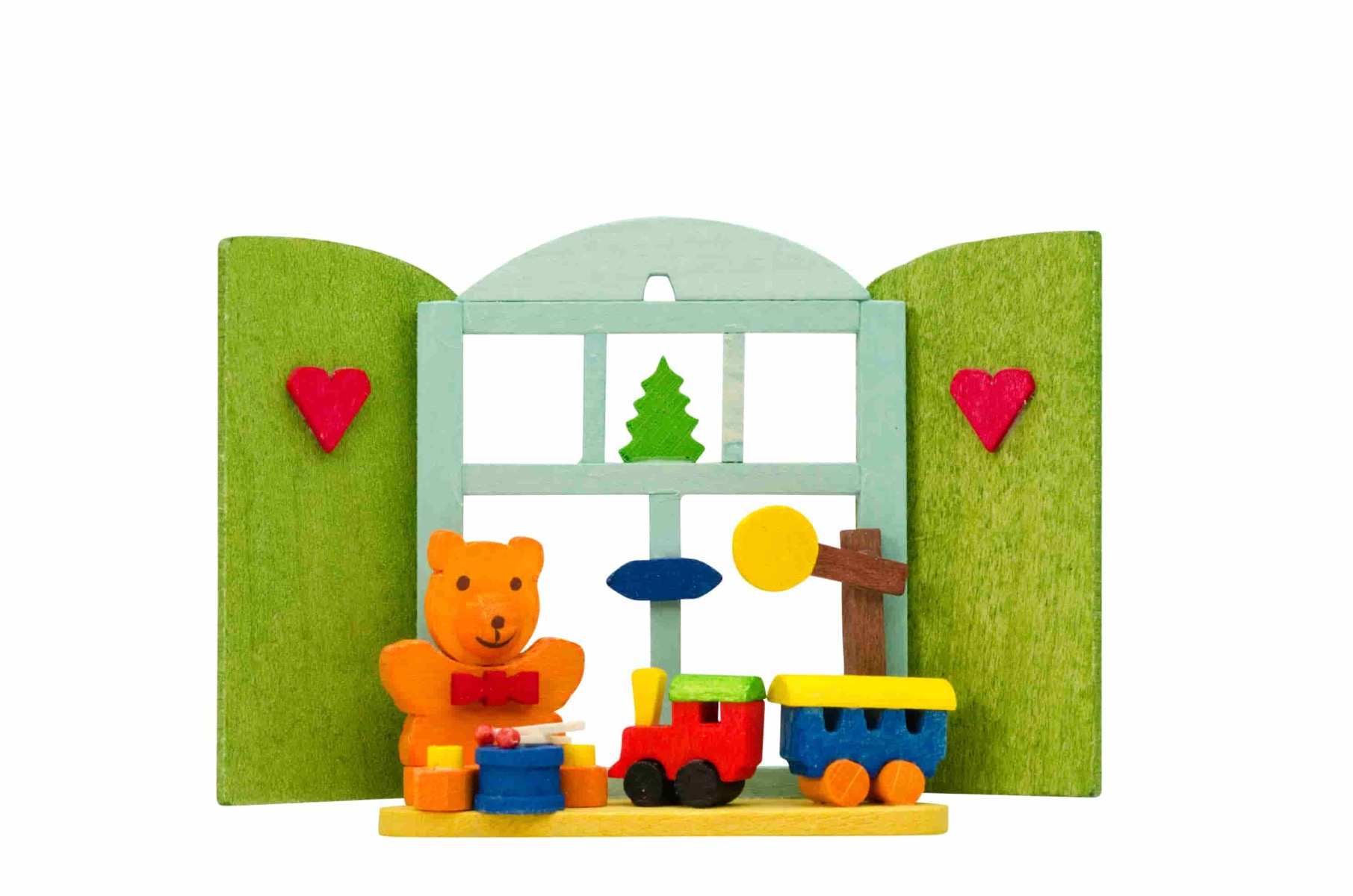Weihnachtsfenster mit Teddy und Eisenbahn als Baumschmuck - Auslaufartikel