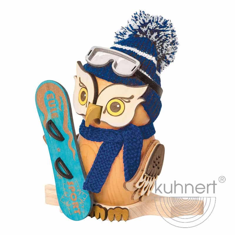 Rauchfigur Eule mit Snowboard