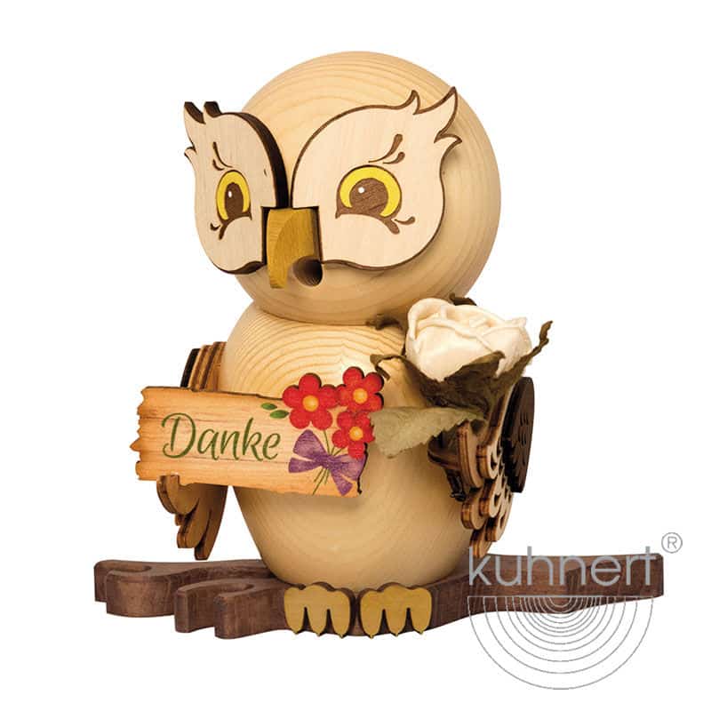 Rauchfigur Eule mit "Danke"-Schild