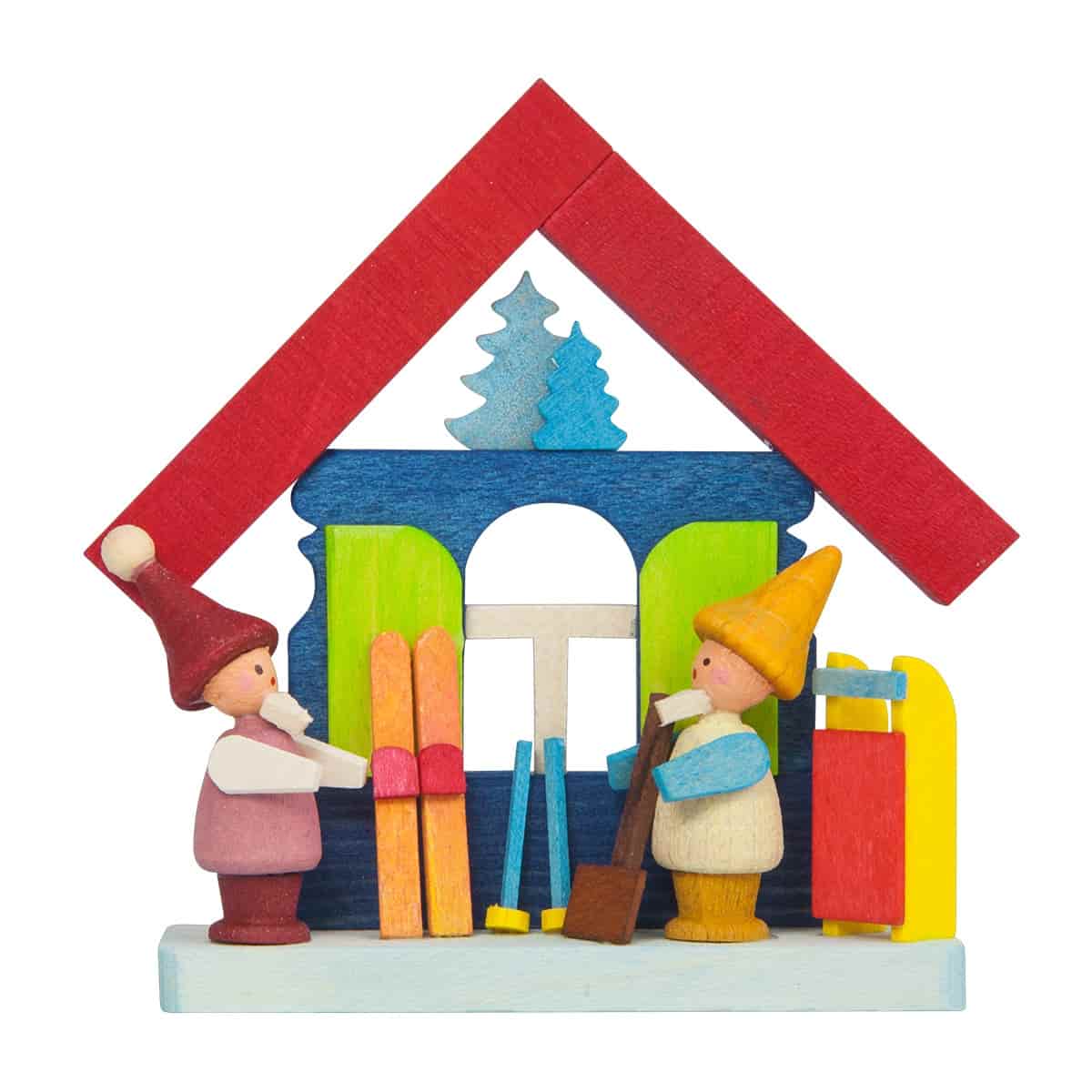 Haus Zwerge und Ski als Baumbehang