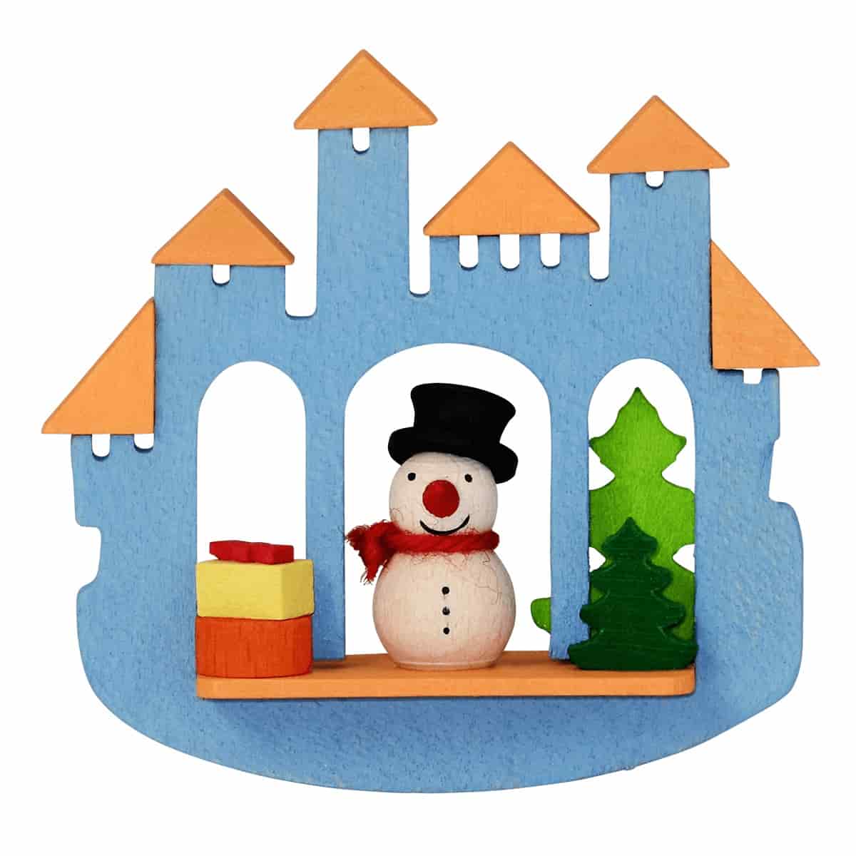 Stadttor mit Schneemann als Baumschmuck