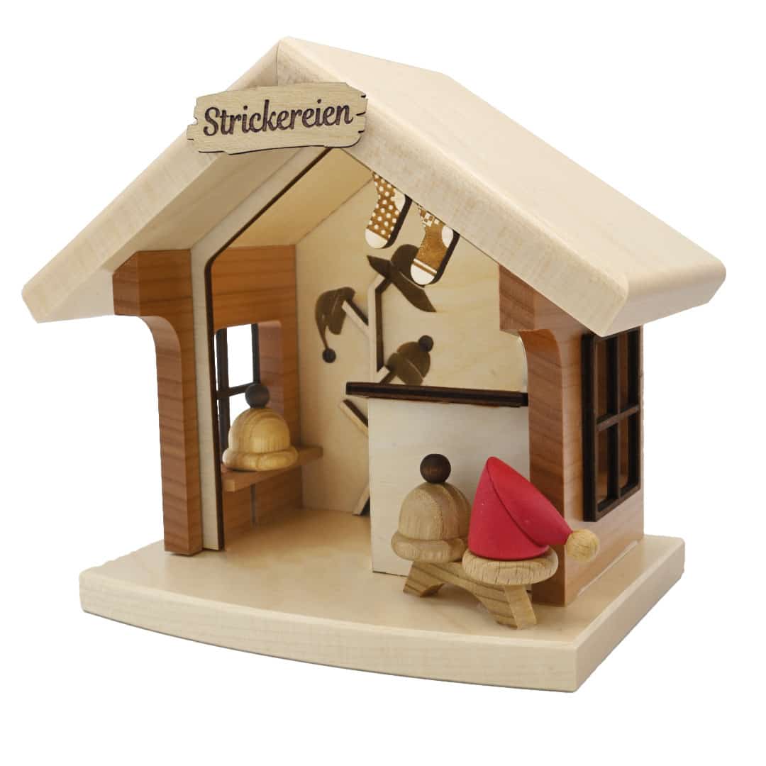 Weihnachtshütte Strickereien beleuchtet