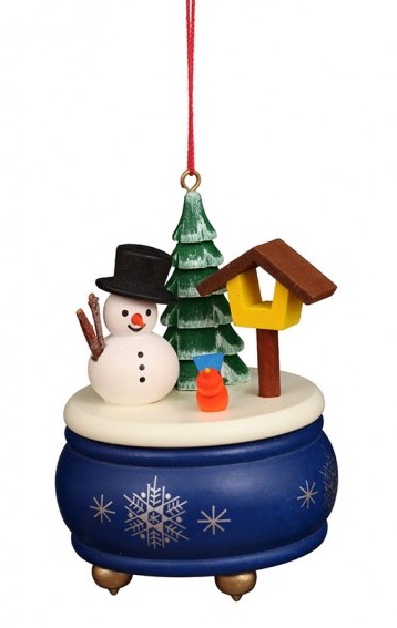Baumbehang Spieldose blau mit Schneemann