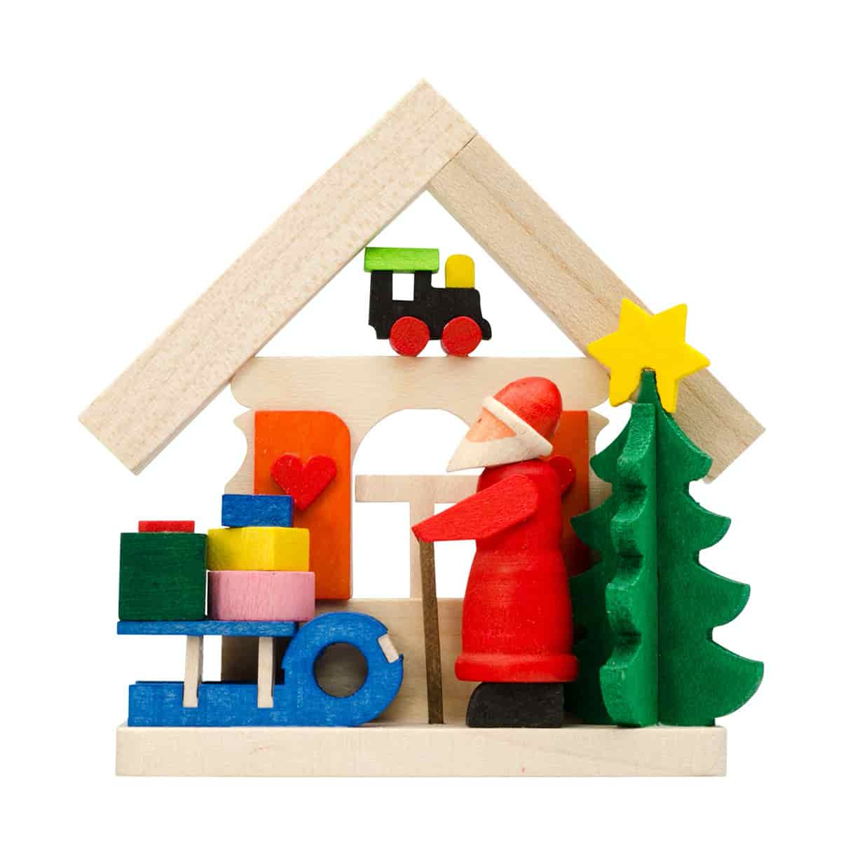 Haus Weihnachtsmann als Baumschmuck mit Schlitten