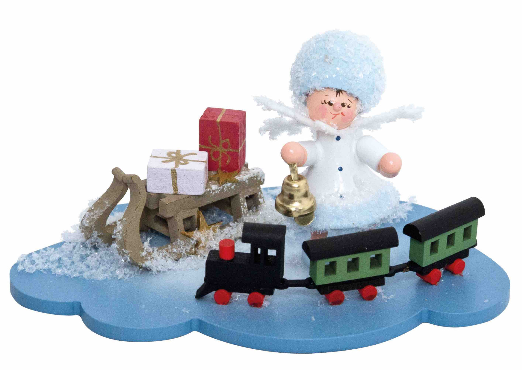 Schneeflöckchen auf Wolke mit Eisenbahn