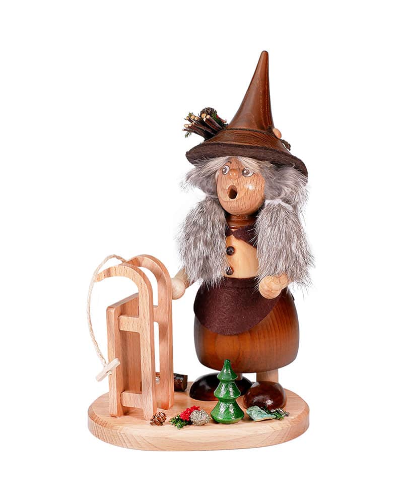 Räucherfigur Wichtelfrau mit Schlitten