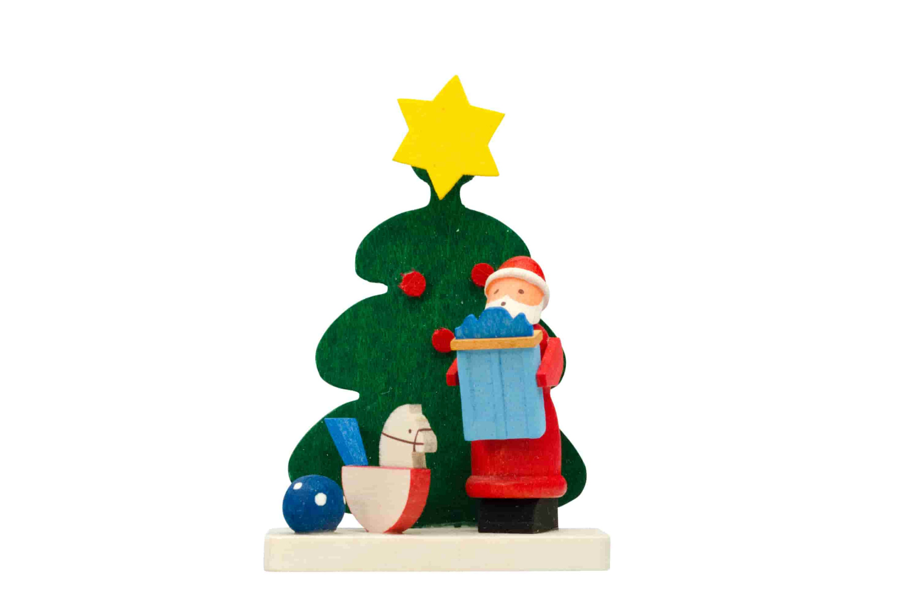 Baum-Weihnachtsmann mit Schaukelpferd als Baumschmuck