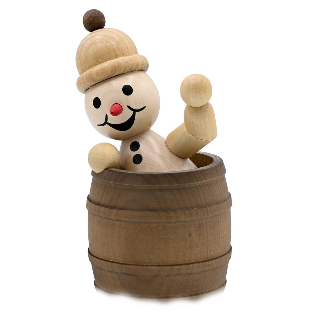 Schneemann Junior im Fass