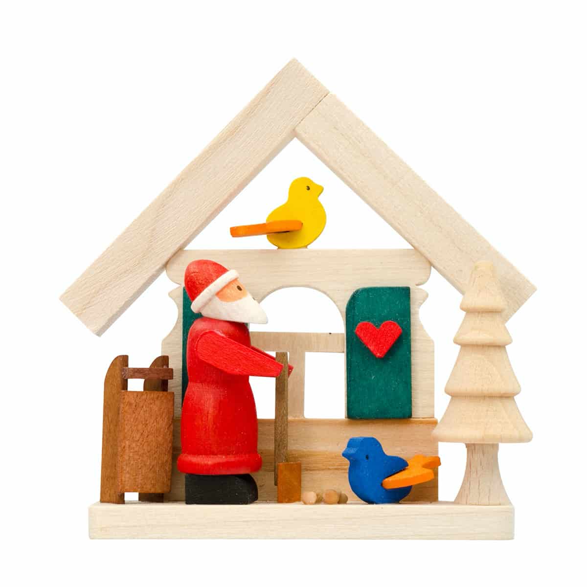 Haus Weihnachtsmann als Baumschmuck mit Vogelfütterung