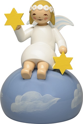 Engel mit Margeritenkranz auf Wolken, sitzend