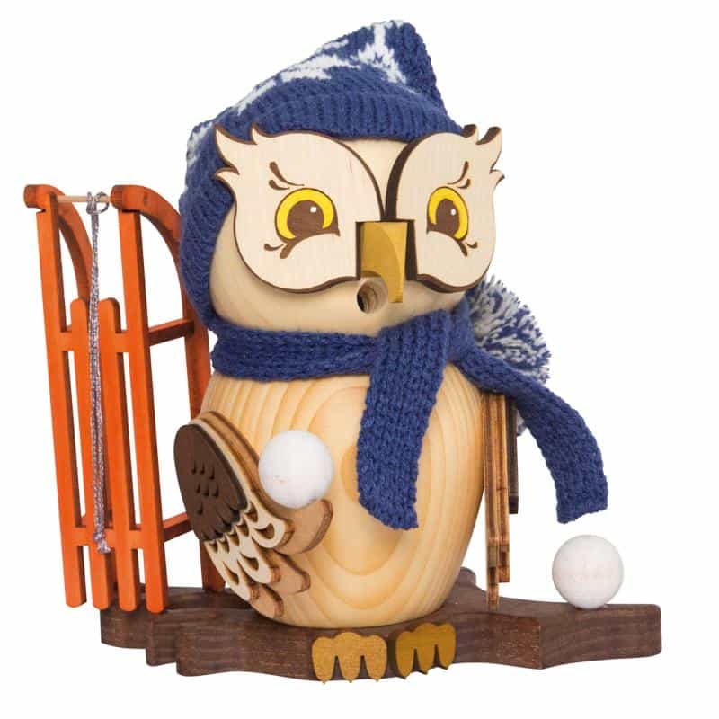 Rauchfigur Eule mit Schlitten