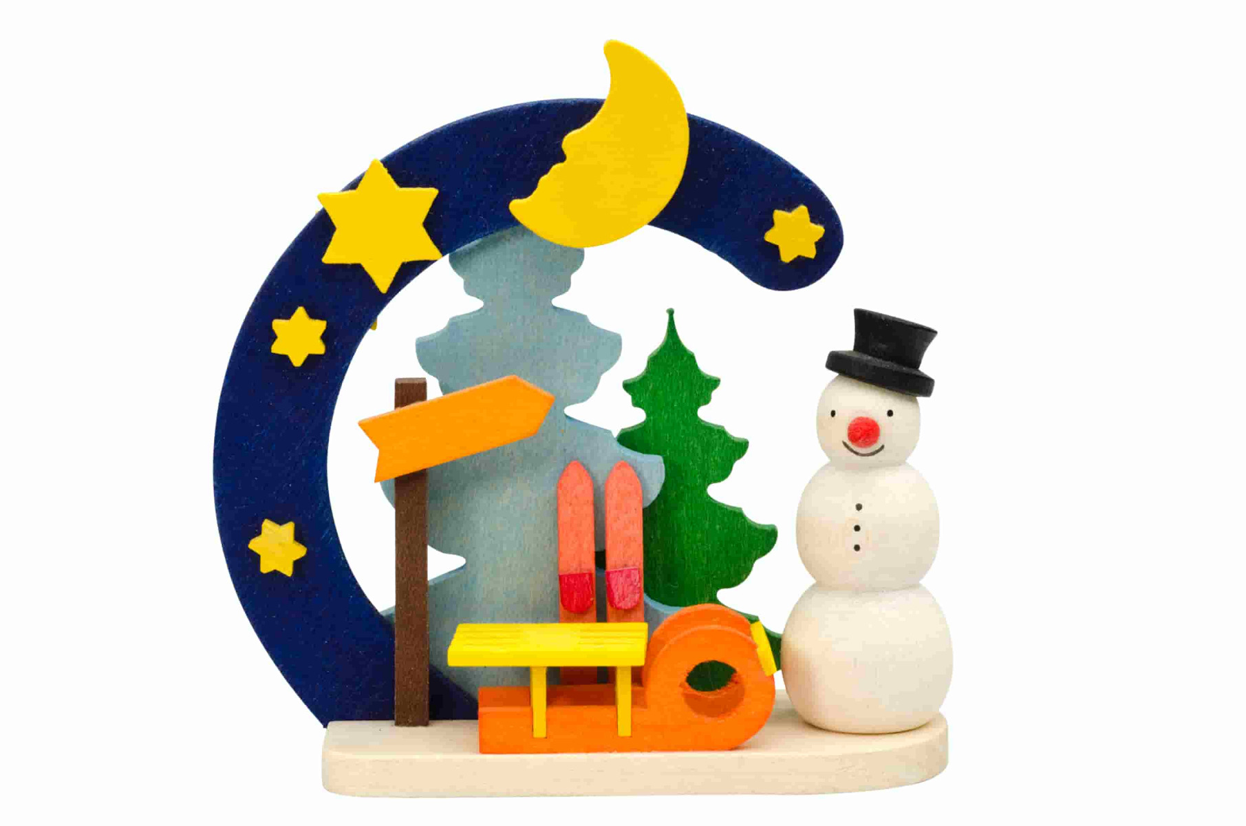 Bogen-Schneemann mit Schlitten als Baumschmuck