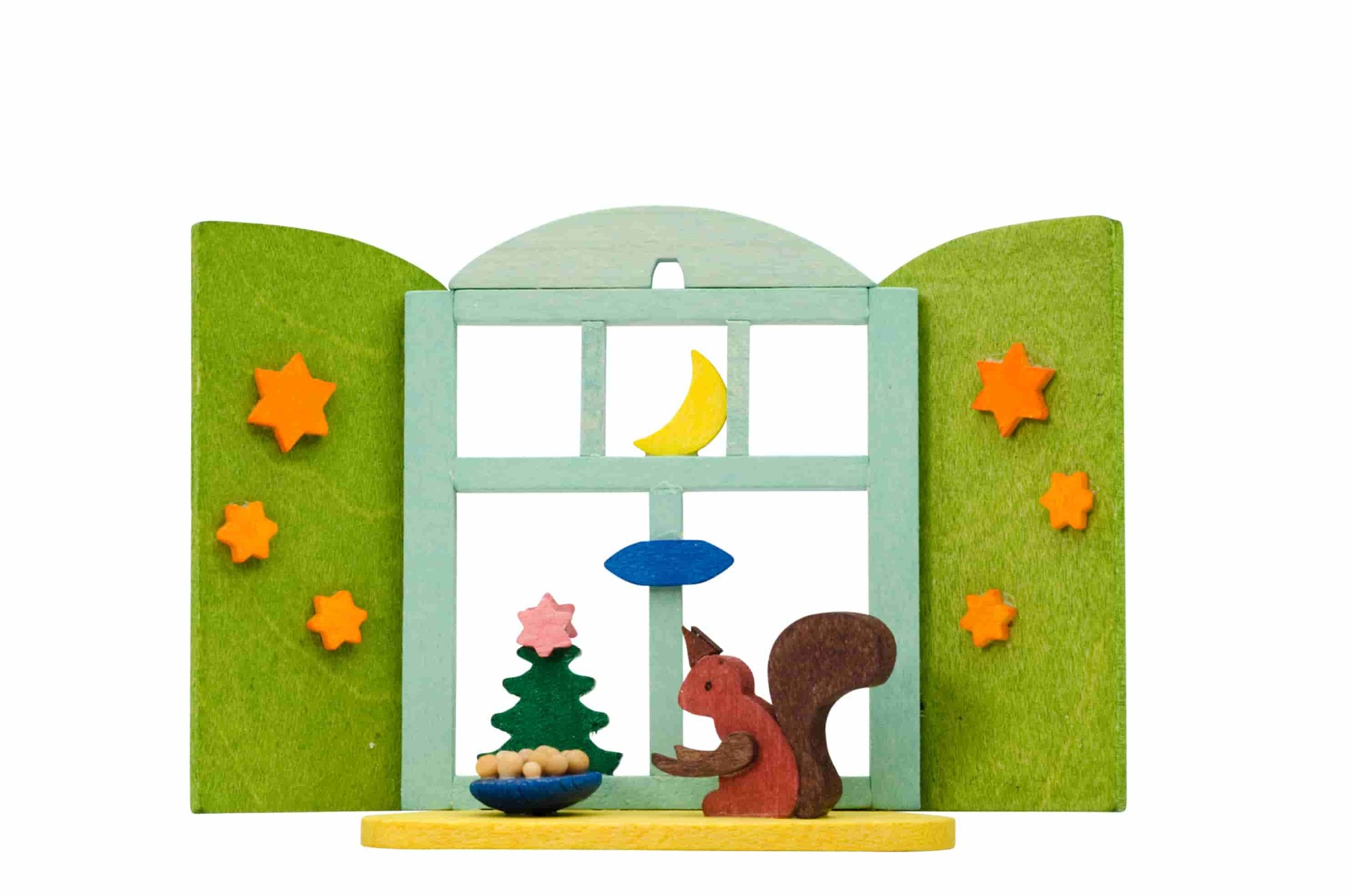 Weihnachtsfenster mit Eichhörnchen als Baumschmuck