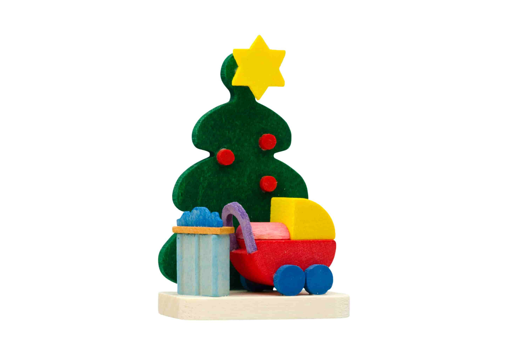 Christbaum mit Puppenwagen als Baumschmuck