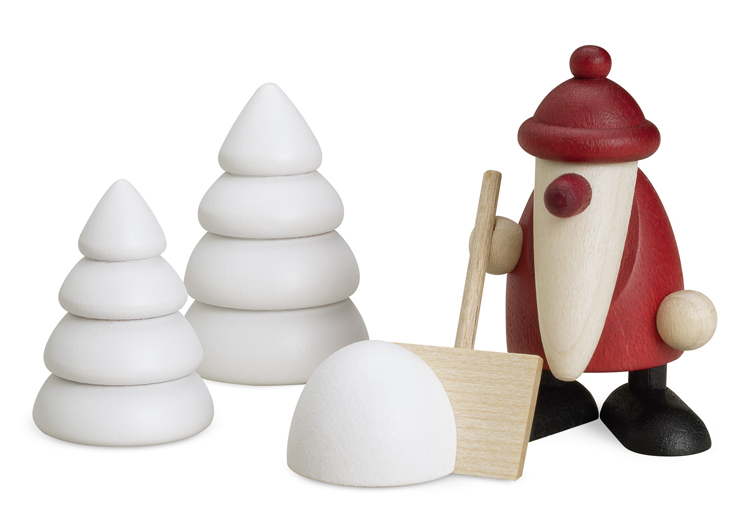 Weihnachtsmann mit Schneeschippe und 2 Winterbäumen