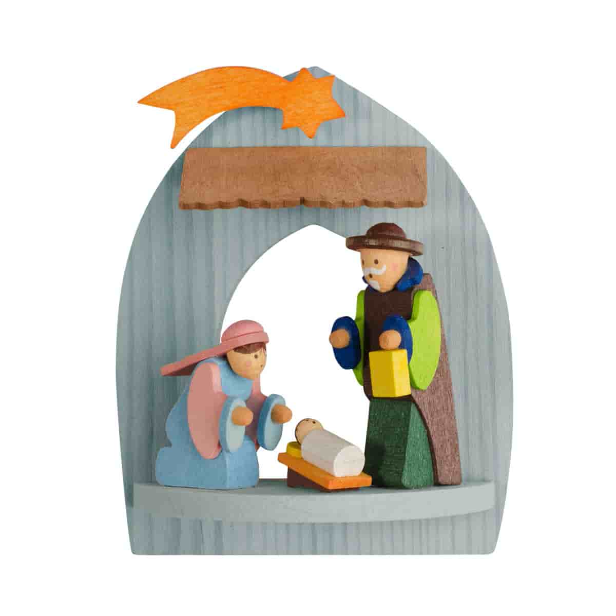 Krippe Christgeburt mit Heiliger Familie als Baumschmuck