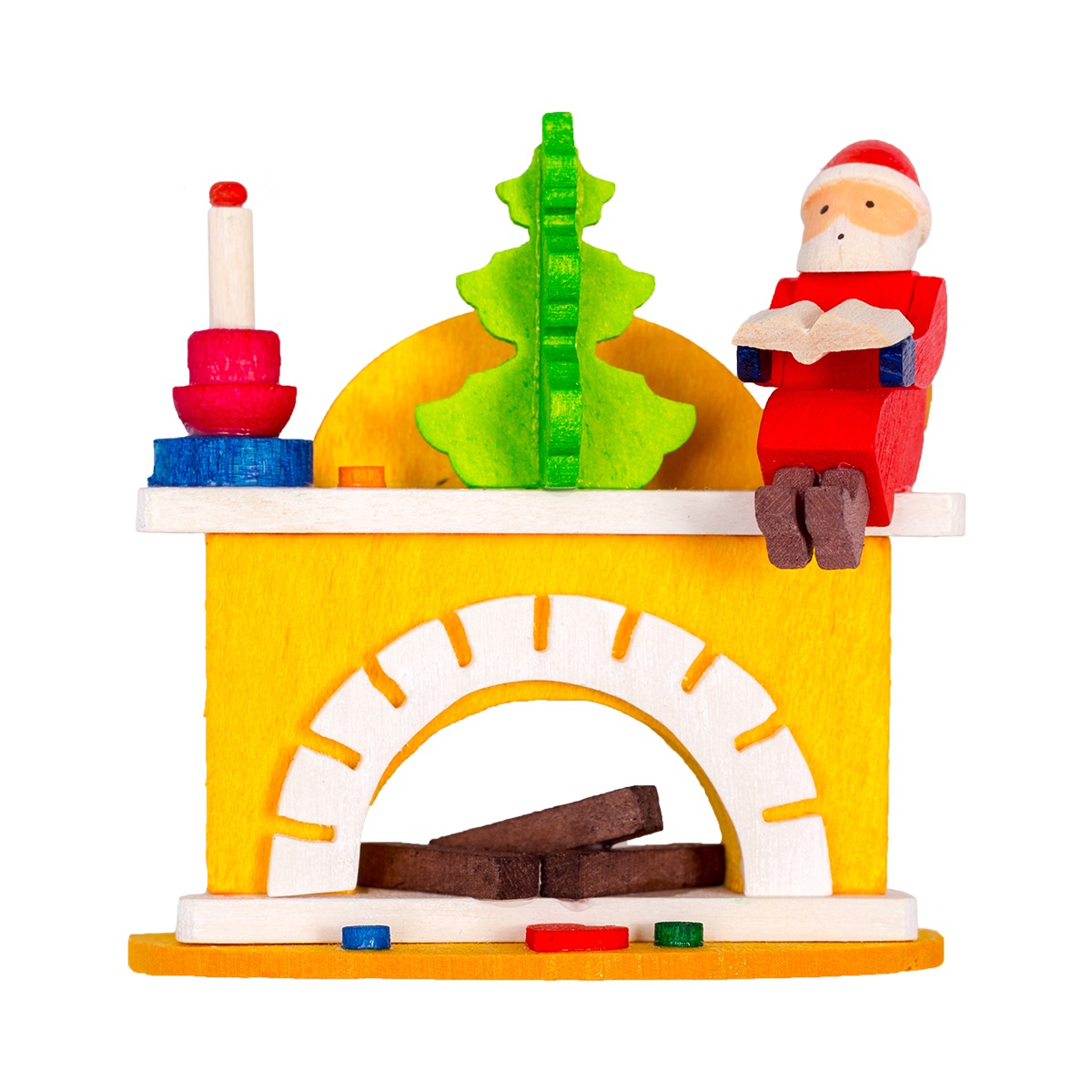 Kleiner Kamin mit Weihnachtsmann als Baumschmuck