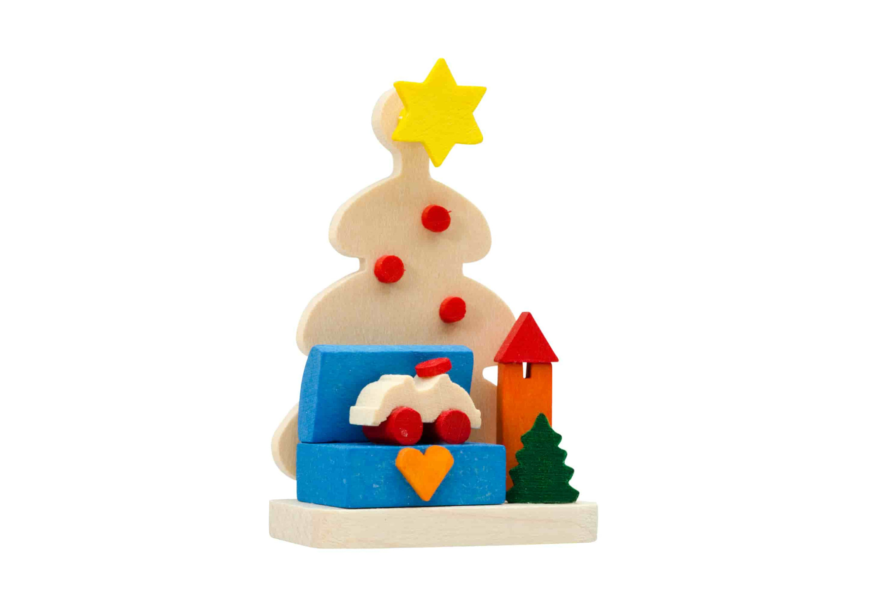 Christbaum mit Spielzeugkiste als Baumschmuck