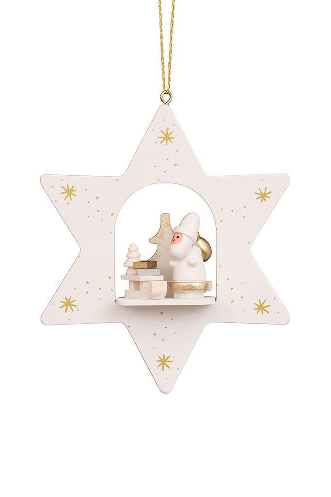 Baumbehang Stern weiß mit Weihnachtsmann und Schlitten - Auslaufartikel