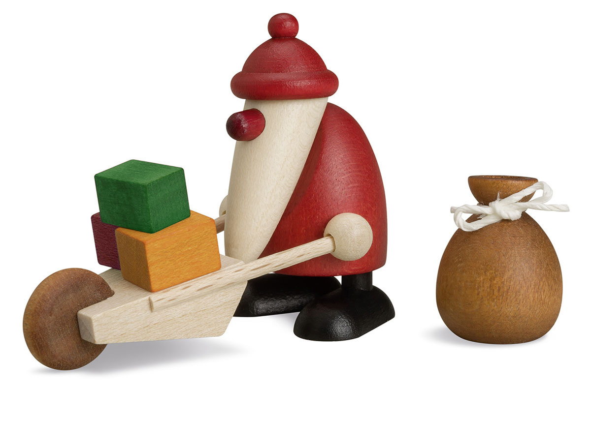 Weihnachtsmann mit Schubkarre und Sack