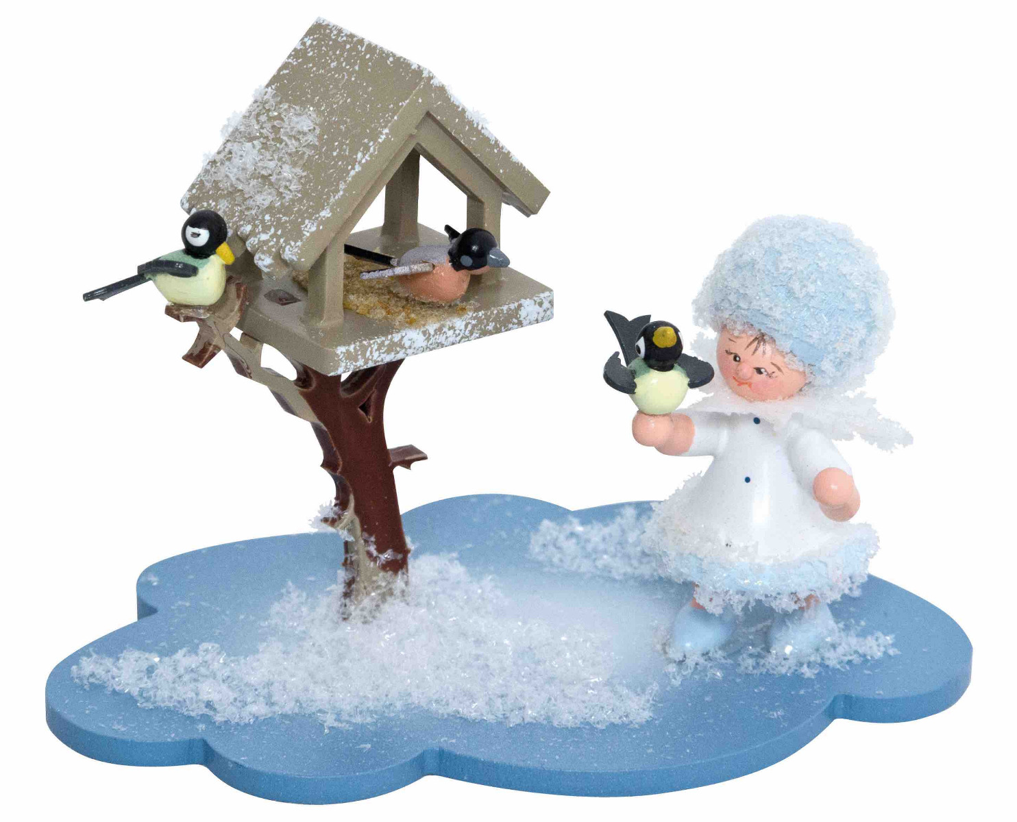 Schneeflöckchen auf Wolke mit Futterhaus