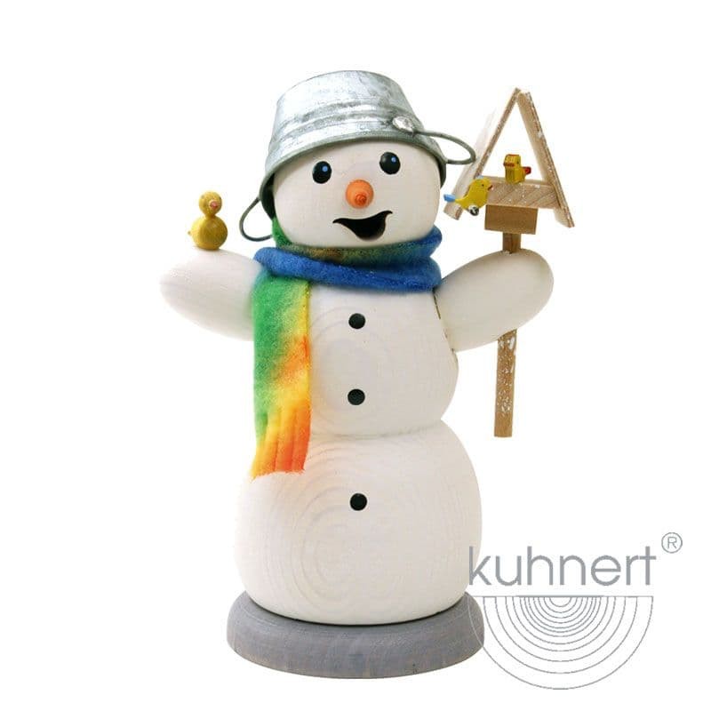 Schneemann mit Vogelhaus und Vogel