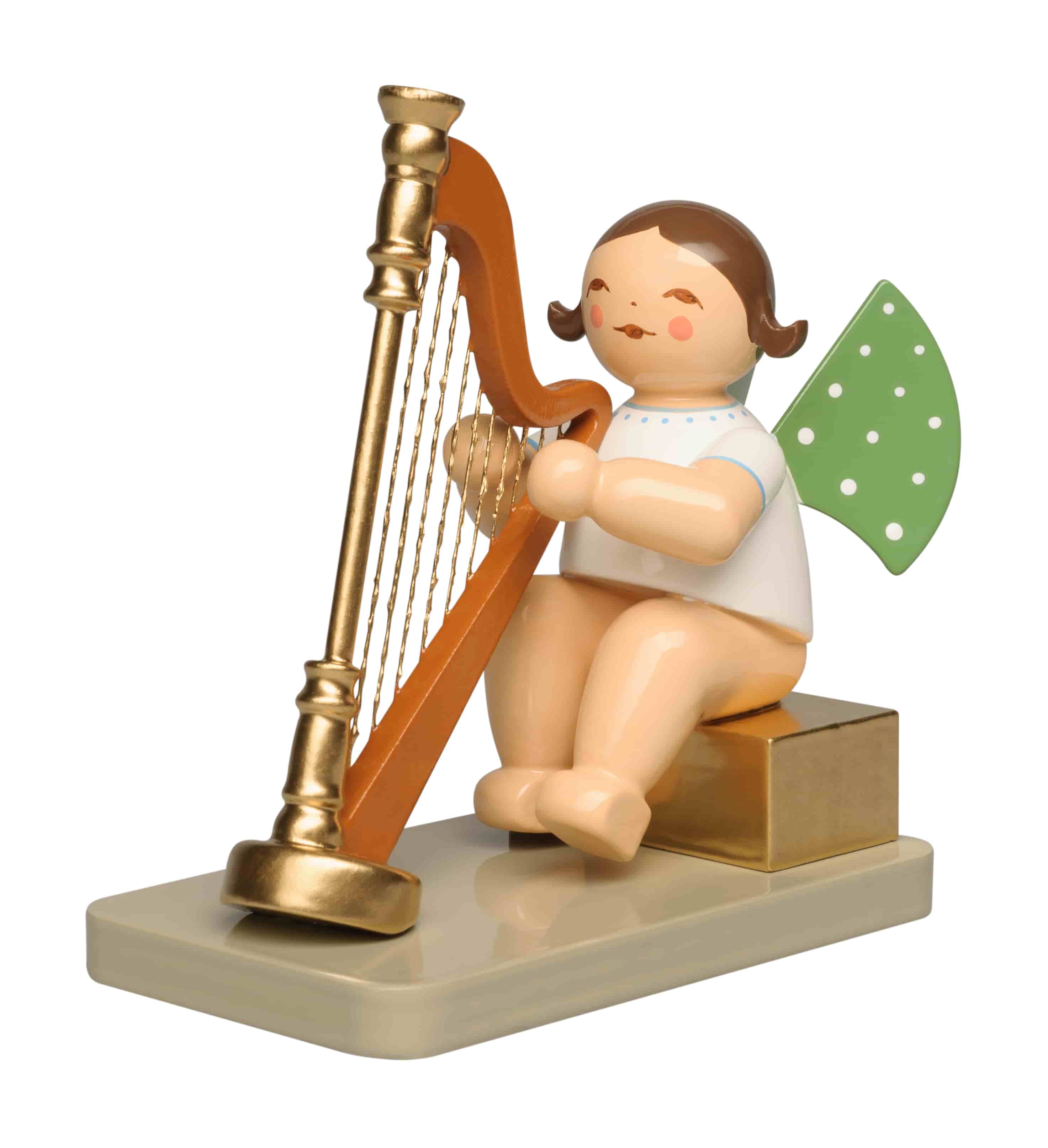Engel mit Konzertharfe, sitzend, 111 Jahre Wendt & Kühn, Jubiläumsengel 2026 - braunes Haar